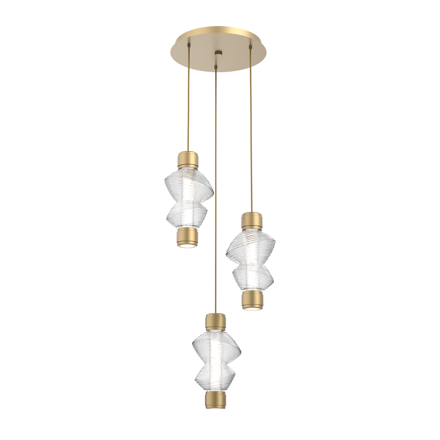 CHB0089-D3-GB-C-Hammerton-Studio-Mesa-3-light-mandrel-multi-pendant-chandelier-with-gilded-brass-finish-and-clear-blown-glass-shades-and-LED-lamping