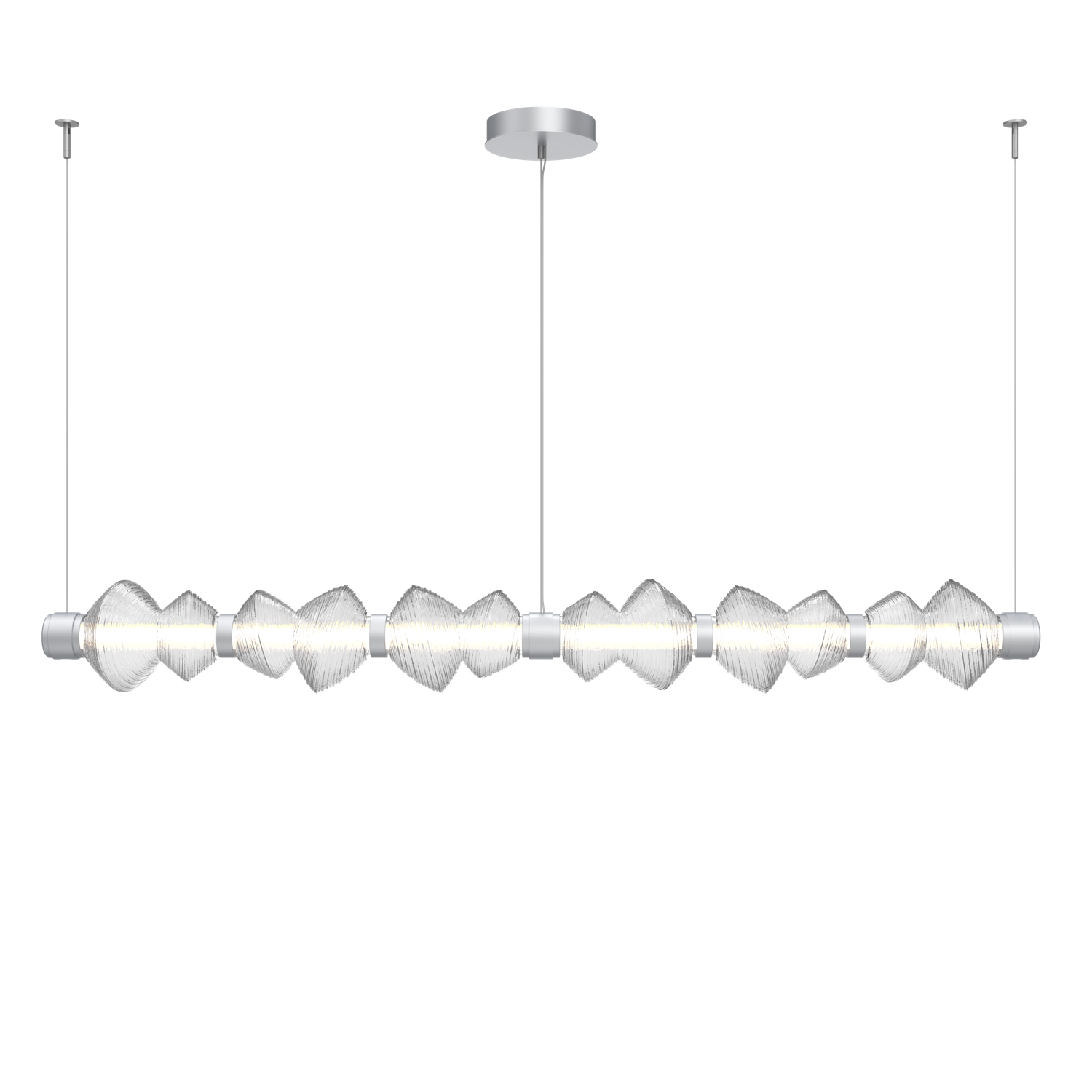 PLB0089-06-CS-C-Hammerton-Studio-Mesa-73-inch-mandrel-linear-chandelier-with-classic-silver-finish-and-clear-blown-glass-shades-and-LED-lamping