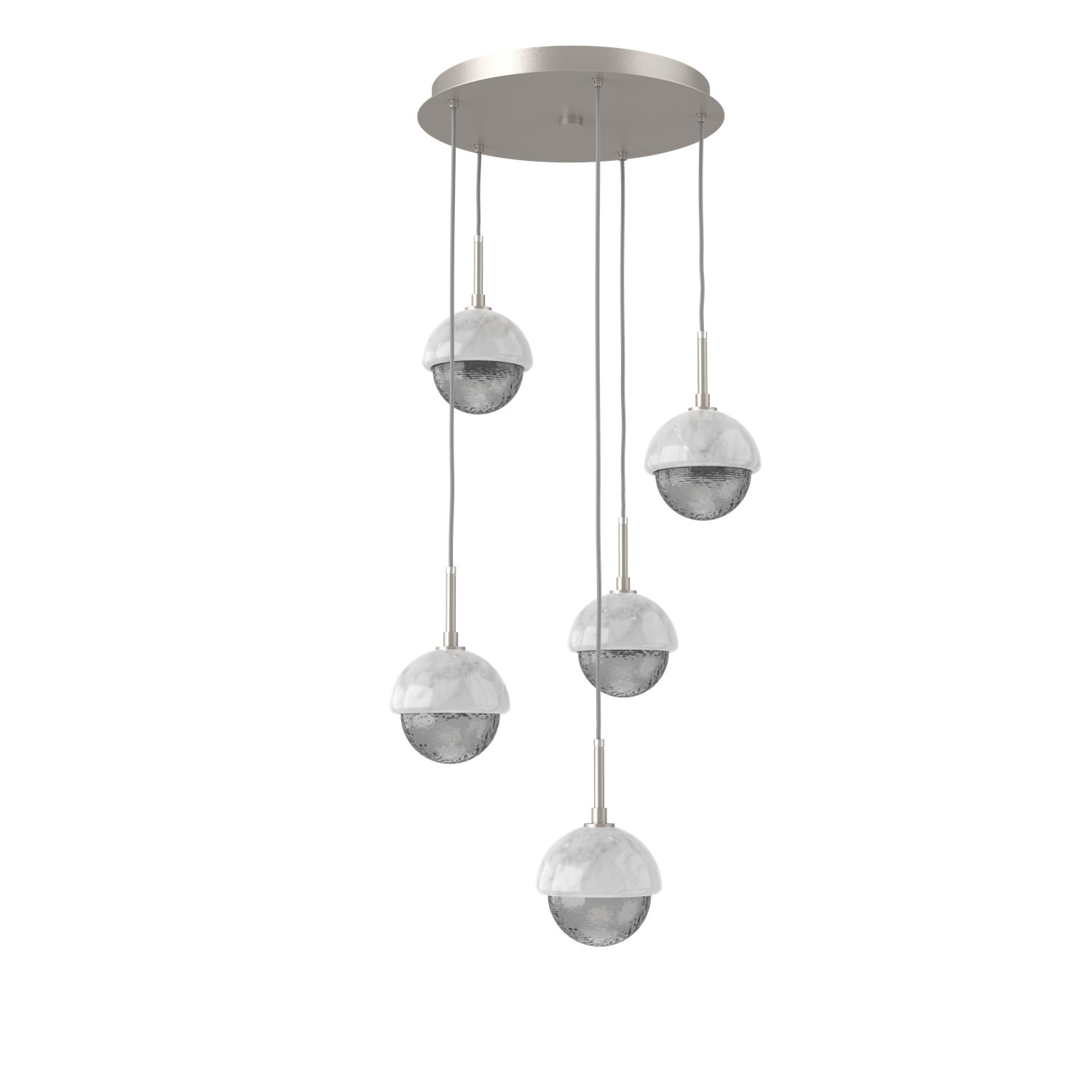 CHB0093-05-BS-S-WM-Hammerton-Studio-Cabochon-5-light-round-multi-pendant-chandelier-beige-silver-finish-smoke-blown-glass-shades-white-marble-stone-accent-LED-lamping