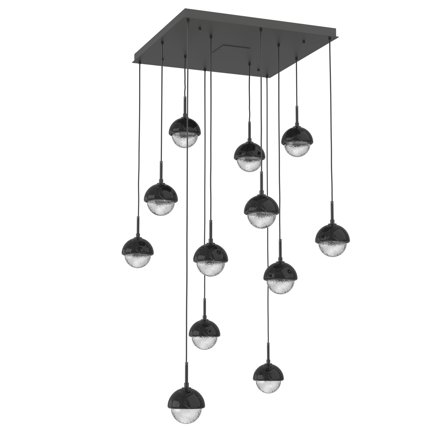 CHB0093-12-MB-C-BM-Hammerton-Studio-Cabochon-12-light-square-multi-pendant-chandelier-matte-black-finish-clear-blown-glass-shades-black-marble-stone-accent-LED-lamping
