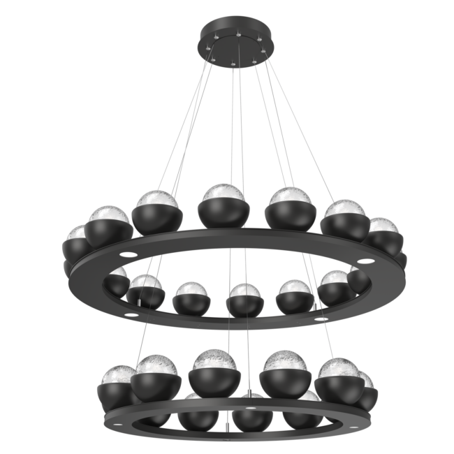 CHB0093-2B-MB-C-MS-Hammerton-Studio-Cabochon-48-inch-two-tier-platform-ring-chandelier-matte-black-finish-clear-blown-glass-shades-matching-metal-shade-accent-LED-lamping
