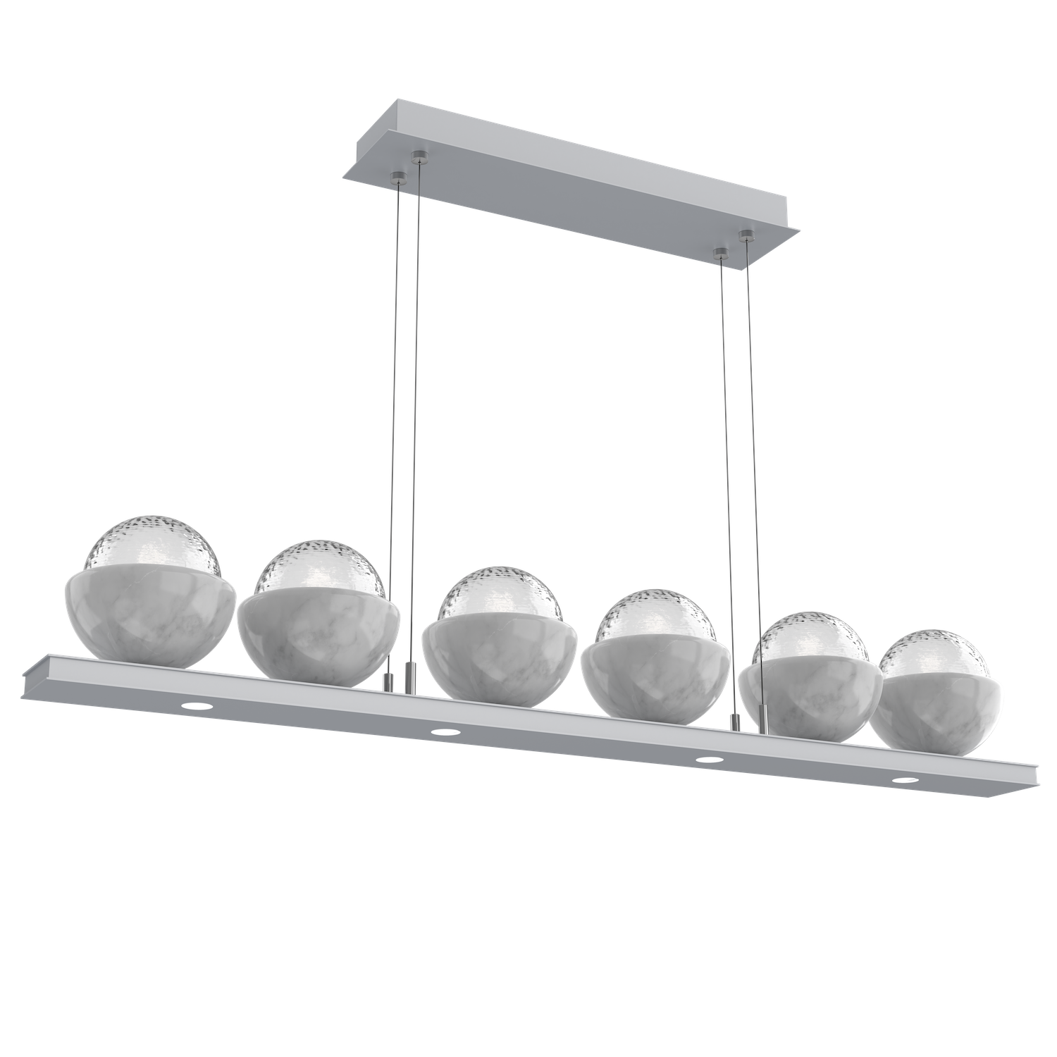 PLB0093-0B-CS-C-WM-Hammerton-Studio-Cabochon-44-inch-linear-platform-chandelier-classic-silver-finish-clear-blown-glass-shades-white-marble-stone-accent-LED-lamping