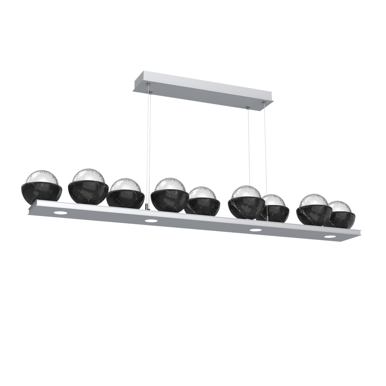 PLB0093-0C-CS-C-BM-Hammerton-Studio-Cabochon-59-inch-linear-platform-chandelier-classic-silver-finish-clear-blown-glass-shades-black-marble-stone-accent-LED-lamping