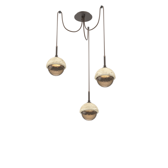SCB0093-03-FB-B-TR-Hammerton-Studio-Cabochon-3-light-swag-multi-pendant-chandelier-flat-bronze-finish-bronze-blown-glass-shades-travertine-stone-accent-LED-lamping