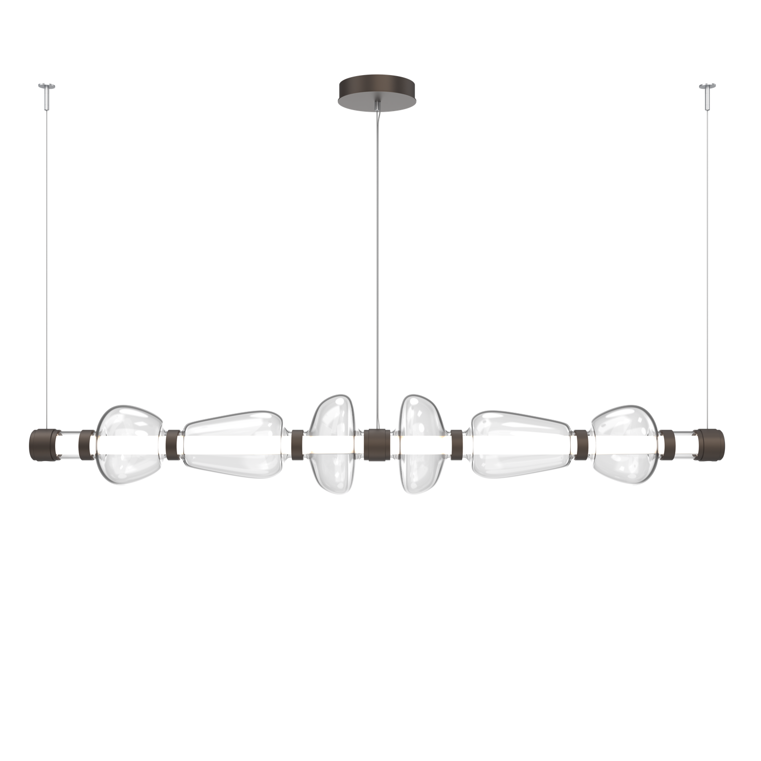 PLB0094-06-FB-C-Hammerton-Studio-Bolla-73-inch-mandrel-linear-chandelier-with-flat-bronze-finish-and-clear-blown-glass-shades-and-LED-lamping